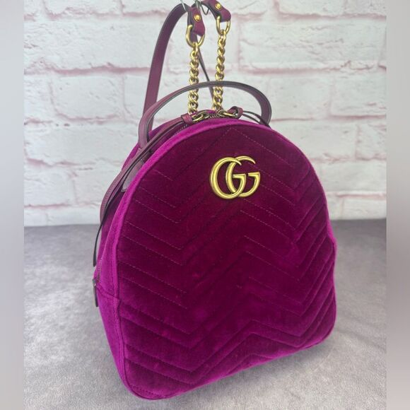 Gucci Fuchsia Marmont Matelasse Dome Velvet Backpack Chain Bag